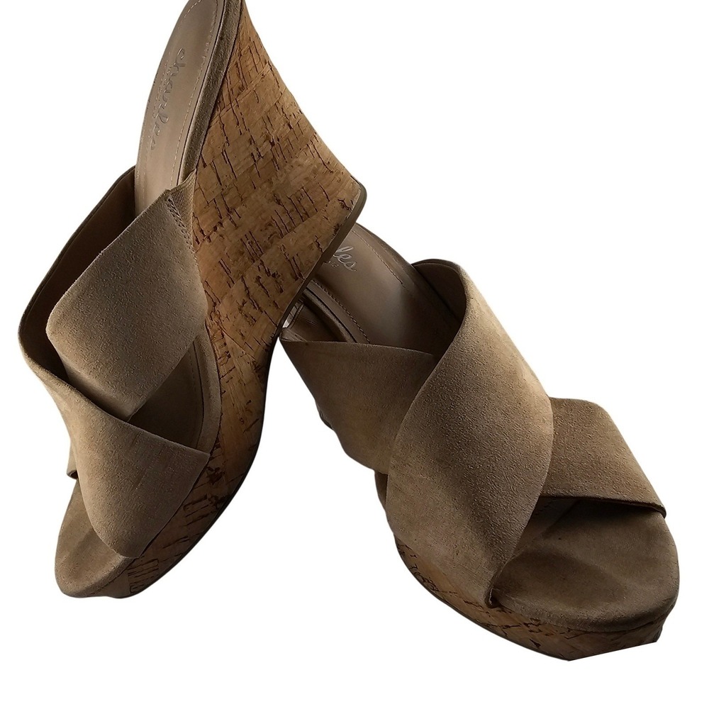Charles David Women Beige Suede Cork Wedge Slip On Sandals Mules Shoes 7M GUC